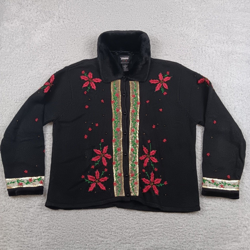 VTG Designers Originals Cardigan XL Black Poinsettia Beaded Faux Fur Trim